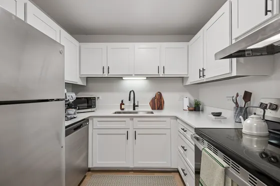 Modern kitchen with sleek white cabinetry, stainless steel appliances, and under-cabinet lighting.