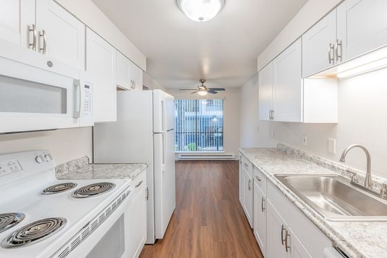 Bright, modern galley kitchen with sleek white cabinets, granite countertops, and a view into a sunlit living area with large windows.
