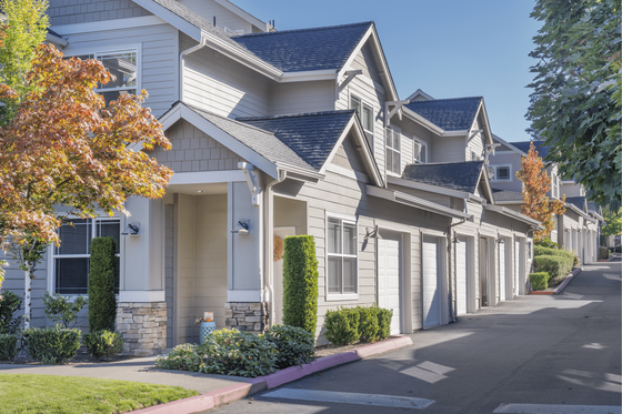 Charming contemporary townhouse with stone accents, private garage, and lush landscaping on a sunny suburban street.