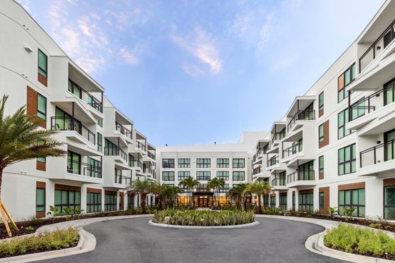 Elegant modern apartment complex with abundant natural light, palm trees, and a welcoming entrance driveway.