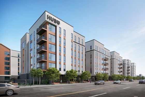 Modern urban apartment complex with sleek design, featuring large windows and multiple balconies, surrounded by lush greenery and a vibrant cityscape.
