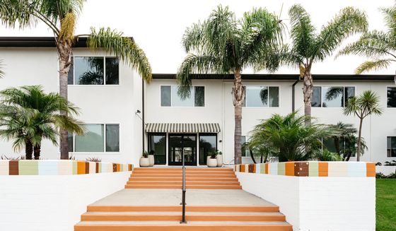 Inviting apartment entrance with vibrant palm trees and a colorful exterior, creating a tropical oasis vibe.