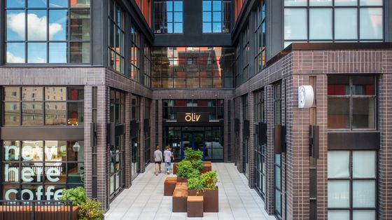Contemporary urban apartment entrance with stylish brick facade and modern black window frames, featuring vibrant greenery and sleek design.