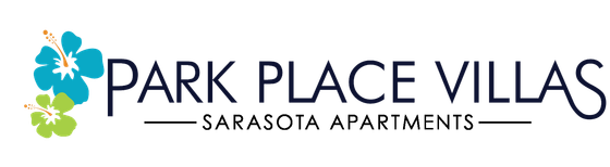 Vibrant Park Place Villas logo with blue and green hibiscus flowers, exuding tropical elegance.