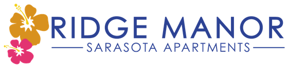Vibrant Ridge Manor Sarasota Apartments logo featuring colorful tropical flowers.