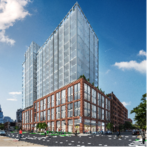 rendering of brick and glass exterior building with blue skies