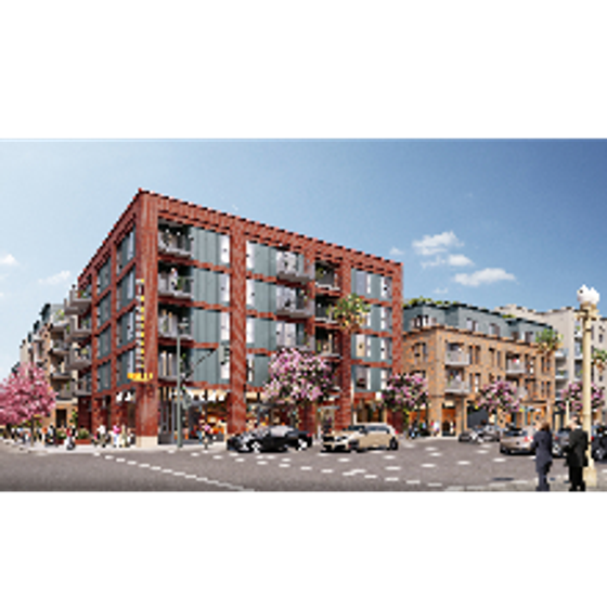 Exterior rendering of brick building on busy corner.