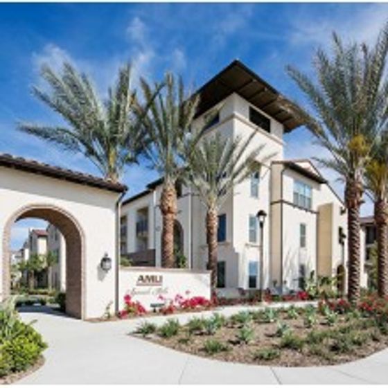 Exterior shot of AMLI Spanish Hills with landscaping and palm trees.