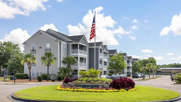 Exterior of homes with flag