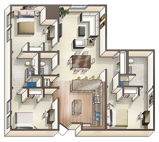 D: 3 Bed 3 Bath