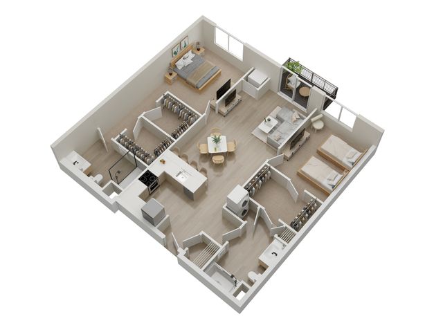 Modern 3D floor plan featuring two bedrooms, an open kitchen with island, cozy living room, and a stylish balcony.