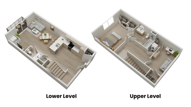 Modern split-level apartment floor plan highlighting an open-concept lower level with kitchen, dining area, and living room, plus an upper level featuring a cozy bedroom, bathroom, and workspace.