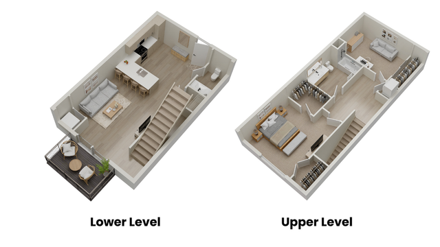 Modern two-level floor plan showcasing a cozy living area with balcony, stylish kitchen, and bathroom on the lower level, and an elegant bedroom with en suite, additional bathroom, and spacious closet space on the upper level.