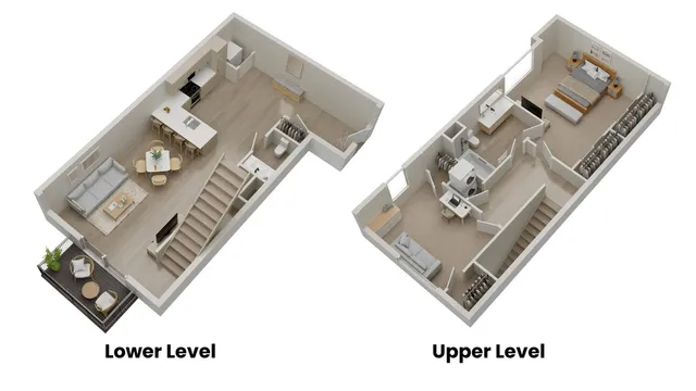 Modern two-level floor plan showcasing a spacious lower level with open-plan kitchen, dining, and living area leading to a cozy patio; upper level features a luxurious master bedroom with ensuite and a versatile office space.