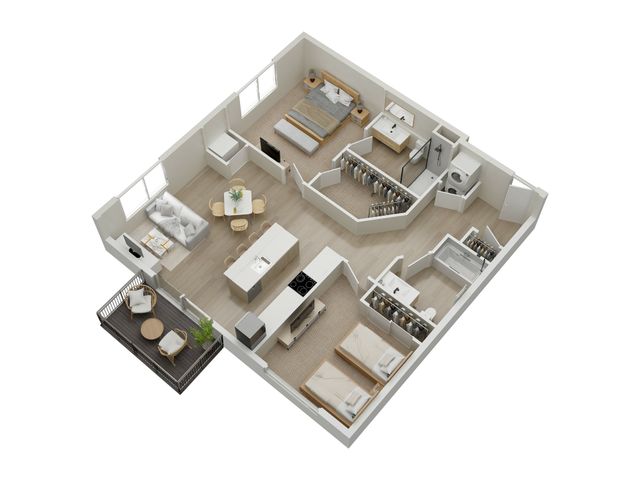 Modern 3D floor plan showcasing 2 bedrooms, an open-concept kitchen and living area, spacious closets, and a cozy balcony with seating.