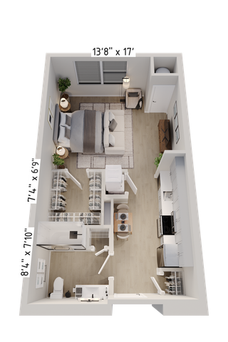 Modern studio apartment floor plan with spacious bedroom, open kitchen, and cozy living area, featuring elegant wood flooring and ample storage.