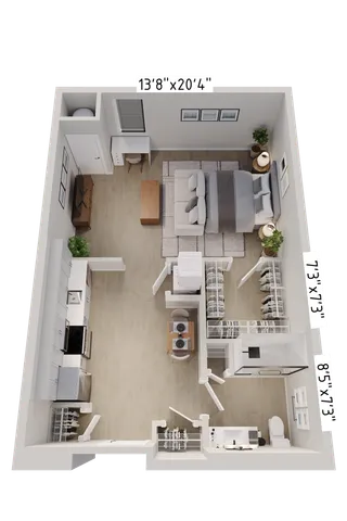 Modern and spacious floor plan featuring a cozy bedroom, stylish kitchen, and open living area with elegant decor.