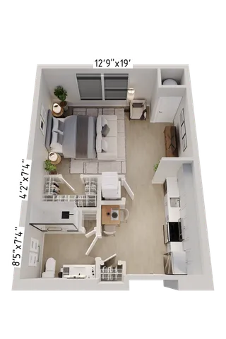 Modern 3D floor plan showcasing a cozy studio apartment with an open kitchen, spacious bedroom area, and elegant bathroom layout.