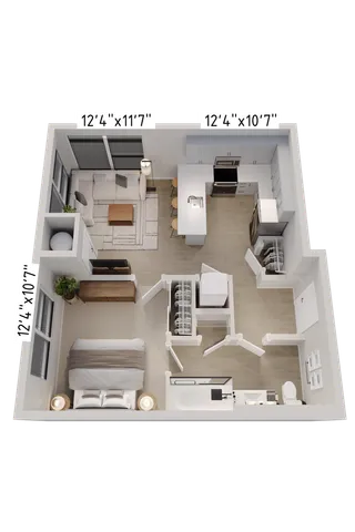 Modern 1-bedroom apartment floor plan featuring an open living area, sleek kitchen with island, and spacious bedroom suite with walk-in closet and full bathroom.