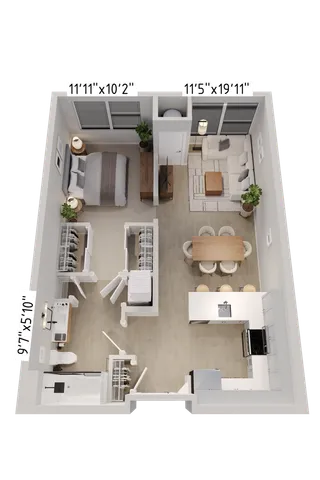 Modern 3D floor plan showcasing an elegant 1-bedroom apartment with open living space, stylish kitchen, and spacious bathroom.
