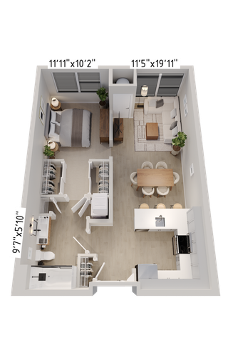 Modern 3D floor plan featuring a spacious 1-bedroom layout with an elegant living area, open-concept kitchen, and cozy dining space.