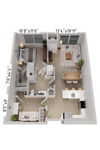 Chic open-concept floor plan showcasing a cozy bedroom, spacious living and dining area, modern kitchen, and elegant bathroom.