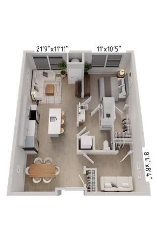 Modern 3D floor plan showcasing a well-appointed apartment with an open-concept living area, stylish kitchen with island, cozy bedroom, and contemporary bathroom.