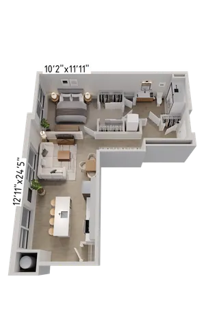 Modern apartment floor plan featuring a spacious single bedroom, open-concept living and dining area, and a stylish kitchen with bar seating. Includes ample closet space and a well-designed bathroom.