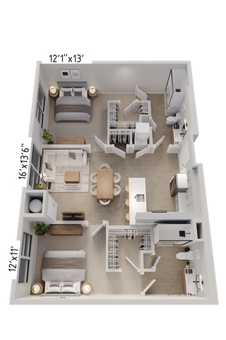 Chic 3D floor plan showcasing a modern apartment with two spacious bedrooms, an open living and dining area, sleek kitchen, and ample storage space.