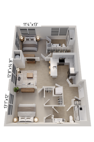 Contemporary 3D floor plan showcasing two spacious bedrooms, an open living area, and a modern kitchen with sleek finishes.