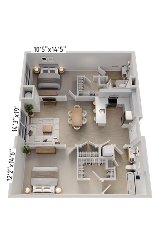 Elegant 3D floor plan showcasing two spacious bedrooms, an open-concept living and dining area, and a modern kitchen.
