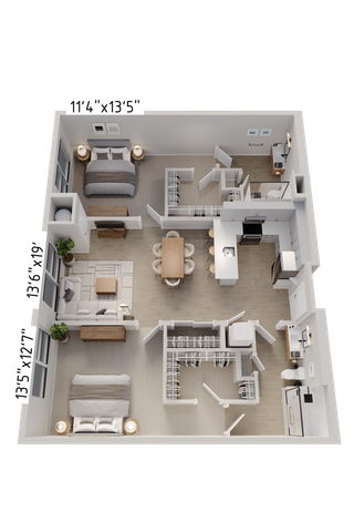 Modern floor plan showcasing 2 spacious bedrooms, elegant open-concept living area, stylish kitchen, and cozy bathrooms.