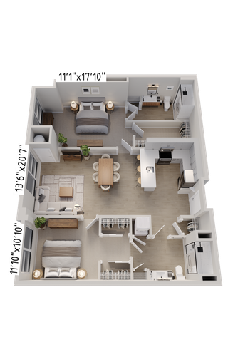 Modern 3D floor plan showcasing a spacious layout with two bedrooms, an expansive living area, and a contemporary kitchen.