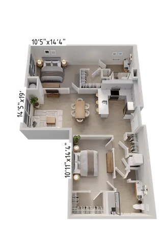 Modern 3D floor plan showcasing 2 bedrooms, an open-concept living and dining area, and a stylish kitchen. Spacious interiors feature ample closet space and contemporary design layout.