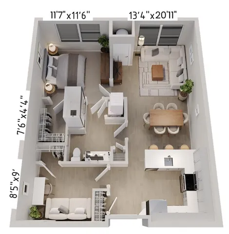 Modern floor plan showcasing a spacious one-bedroom apartment with open-concept living and dining area, stylish kitchen, and ample closet space.