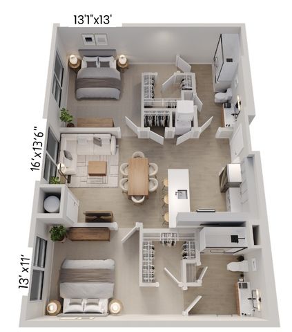 Modern 3D floor plan featuring two spacious bedrooms, open-concept living and dining area, sleek kitchen, and ample storage space.
