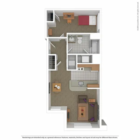3D floor plan of a cozy apartment with 1 bedroom, compact kitchen, and welcoming living area.