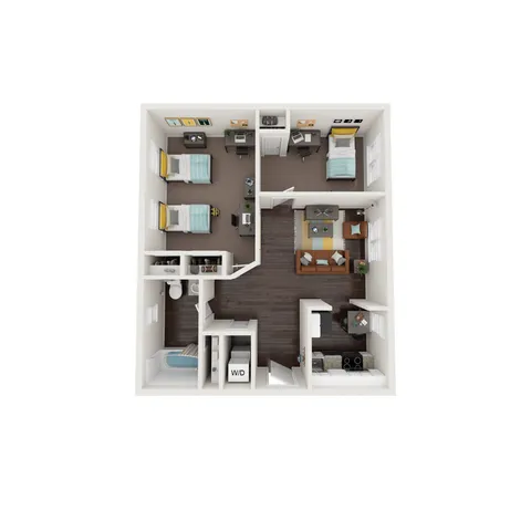 Stylish 3D floor plan showcasing 2 bedrooms, expansive living area, and modern kitchen.