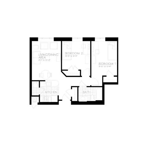 Contemporary 2D floor plan showcasing 2 bedrooms, a combined living and dining area, and a modern kitchen.
