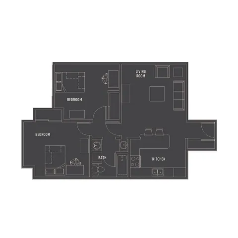 Elegant floor plan highlighting 2 bedrooms with a spacious living room and modern kitchen.