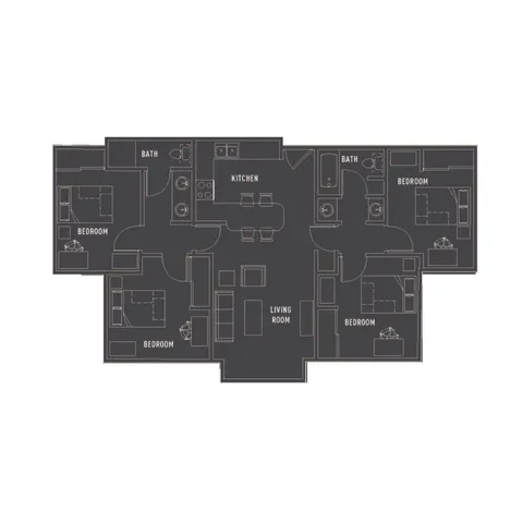 Contemporary floor plan with 3 bedrooms, 2 bathrooms, open kitchen, and spacious living room.