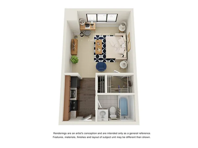 Charming studio apartment floor plan featuring a cozy living area, modern kitchen, and a stylish bathroom.