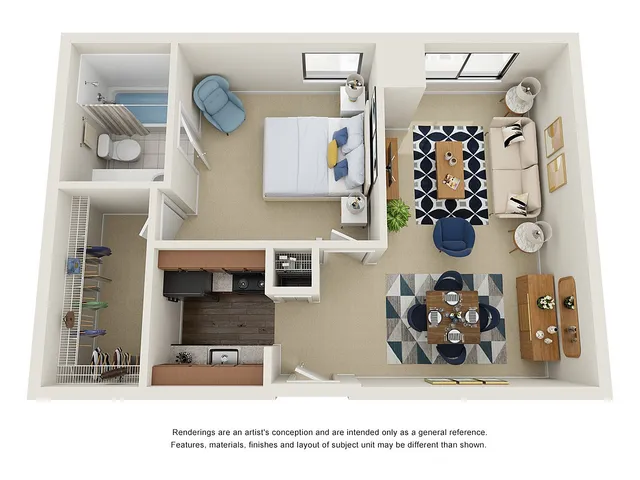 Chic 1-bedroom apartment floor plan with modern living room, elegant dining area, and compact kitchen.
