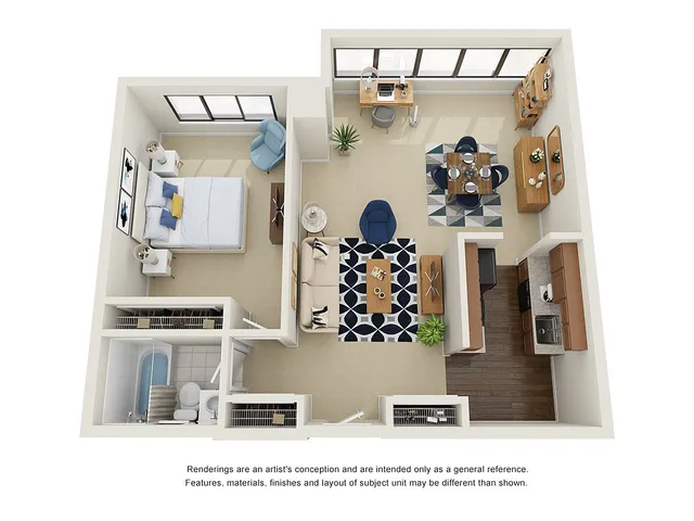 Modern 3D floor plan featuring a cozy bedroom, elegant living area, and stylish dining room, complemented by a sleek kitchen design.