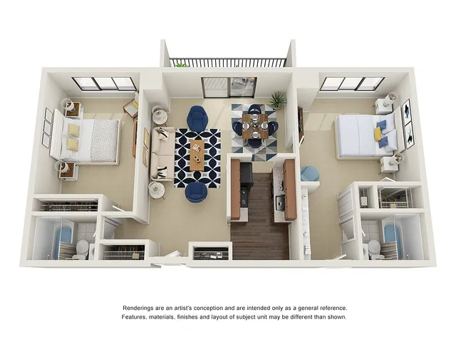 Modern 3D floor plan with 2 bedrooms, cozy living area, sleek kitchen, and elegant dining space, perfect for stylish urban living.