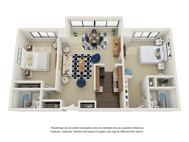 Elegant 3D apartment floor plan showcasing two bedrooms, cozy living room, modern kitchen, and two stylish bathrooms, emphasizing open layout and abundant natural light.