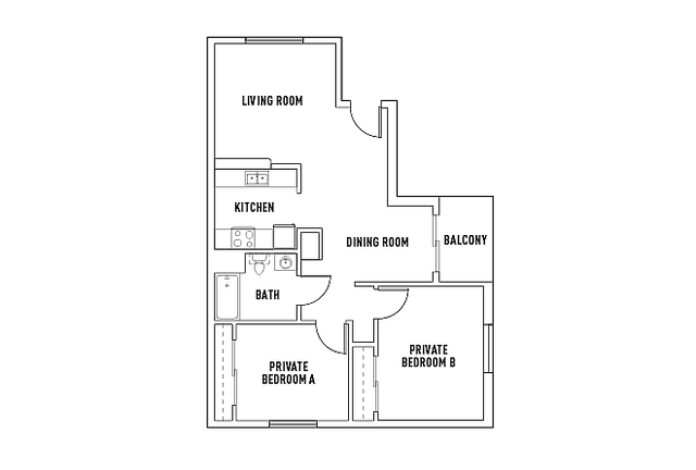 Charming floor plan showcasing a spacious living room, well-equipped kitchen, dining area, and two private bedrooms featuring a cozy balcony.