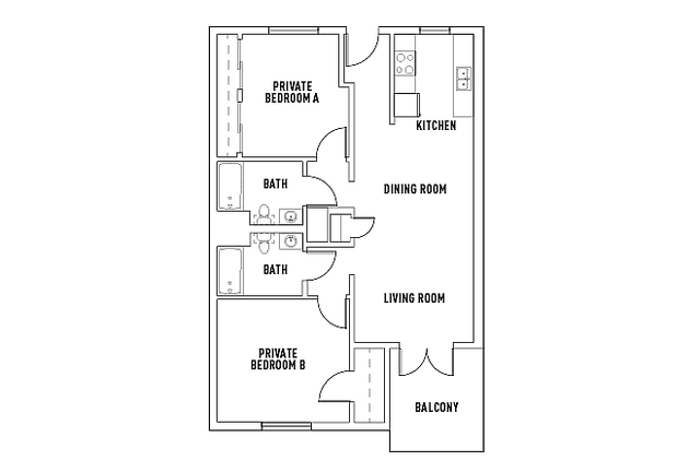 Contemporary 2-bedroom floor plan featuring private baths, a modern kitchen, and a spacious living room with a balcony.