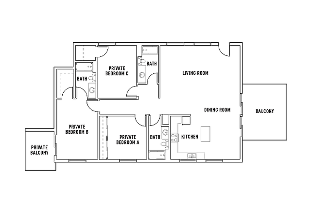 Modern floor plan displaying 3 private bedrooms, open living and dining area, kitchen, and dual balconies.