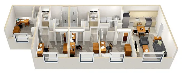 Modern 3D floor plan featuring a dual-bedroom setup with cozy living room, functional kitchen, and elegant office space.
